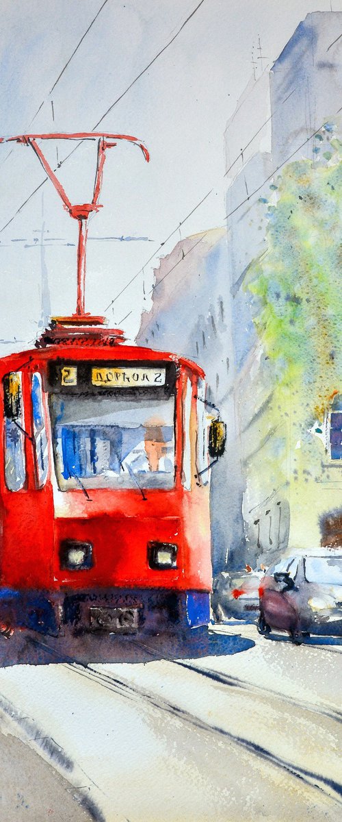 Old red tram Belgrade 35x54cm 2022 by Nenad Kojić watercolorist