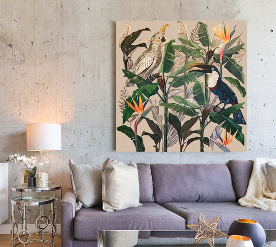 Jungle Light N°4 - Cockatoo and Touchan Fern - Tropical - Art-Deco - Organic Floral, Large painting