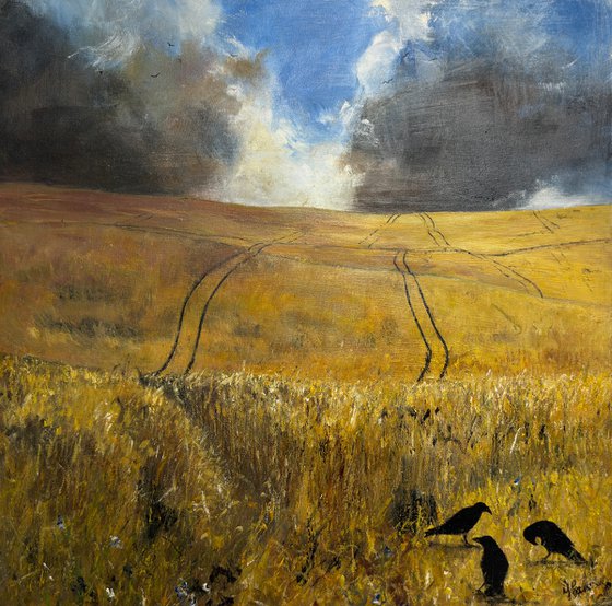 Cornfield, cornflowers, crows