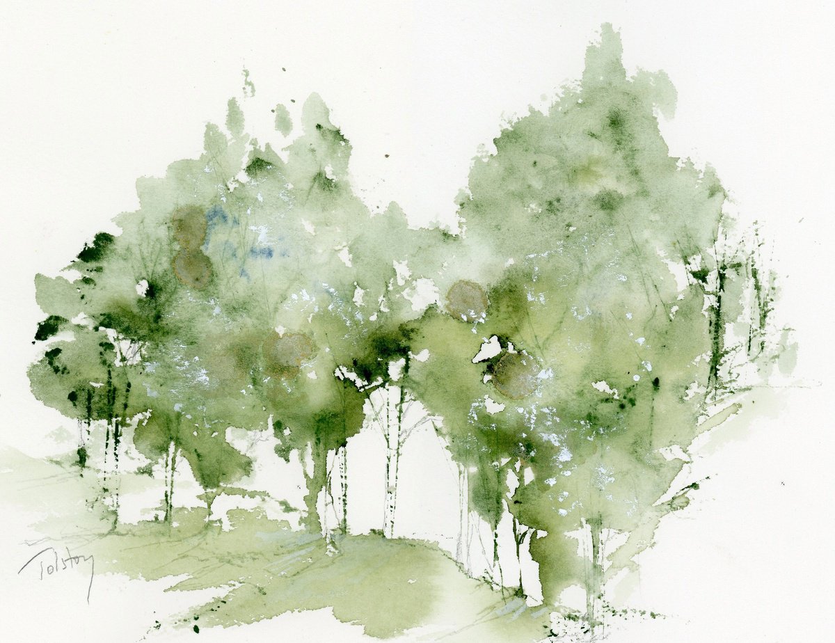 Impressionistic Botanical Watercolour By Alex Tolstoy, 14 X 10, Green Trees, Original Artwork