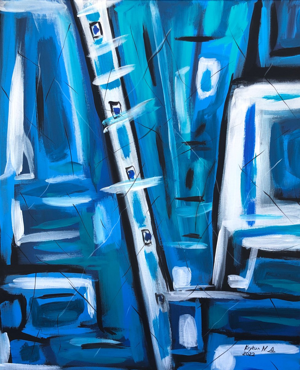 -?Blue abstract freedom- Blue black white geometric abstraction by Nataliia Krykun