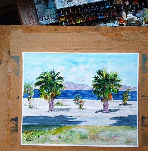 TWO PALMS ON A HAPPY ISLAND / 40 x 32 cm