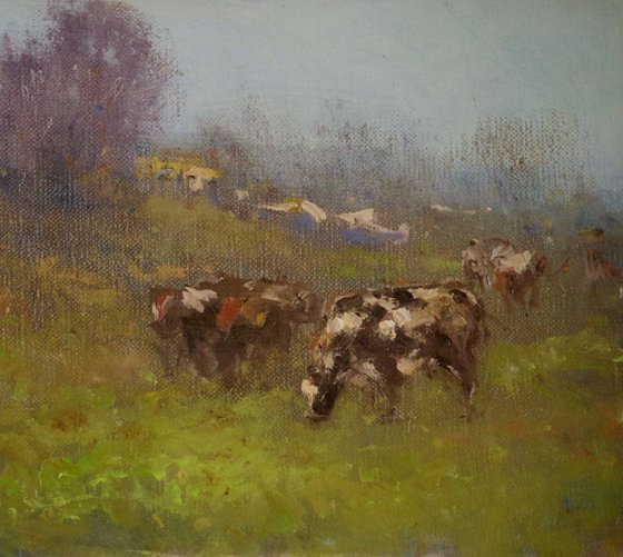 Cows in the Meadow, Landscape, Original oil Painting, Impressionism, Signed, One of a Kind
