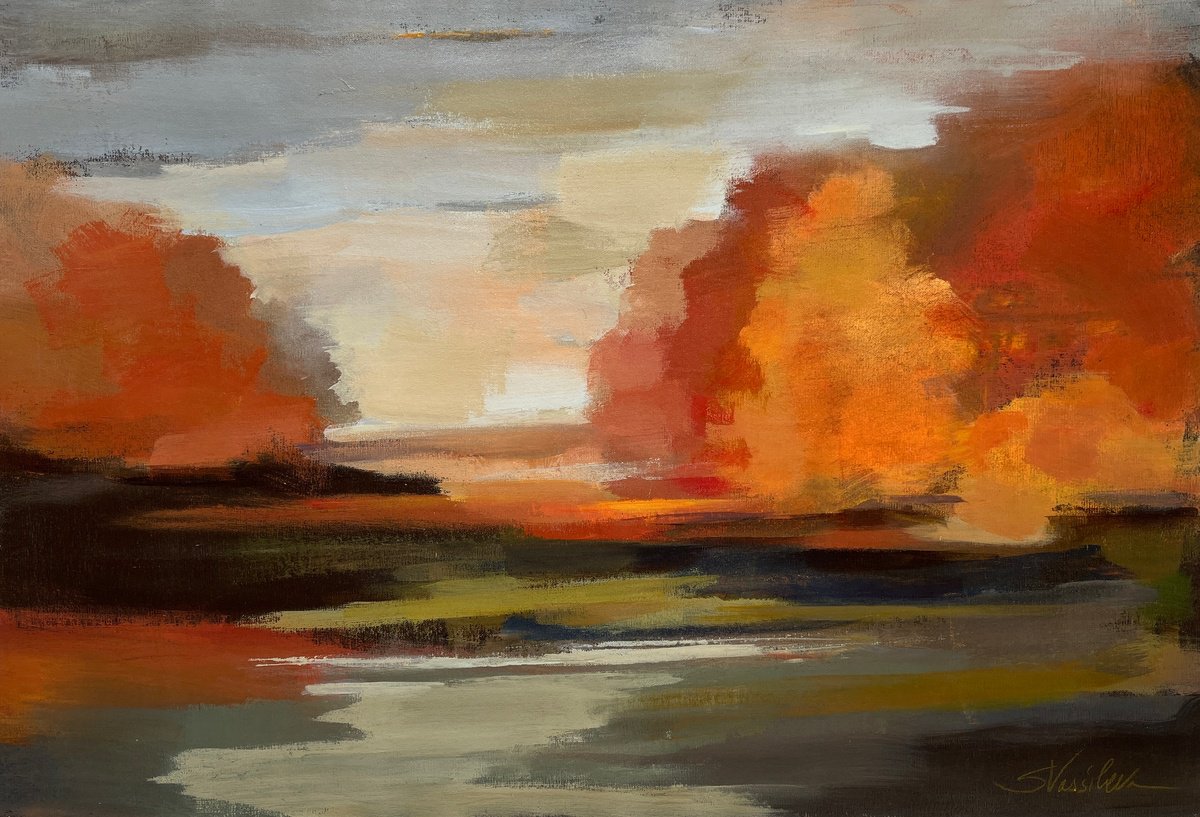 Expressive Landscape Acrylic Painting By Silvia Vassileva, 36 X 24", Fall Sonata, Original Artwork