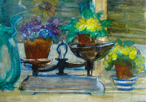 Scales with Primroses still life by Patricia Clements