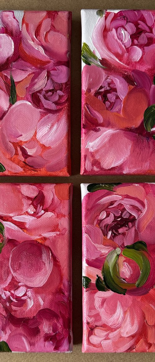 A quadriptych of salmon peonies by Olena Hromova