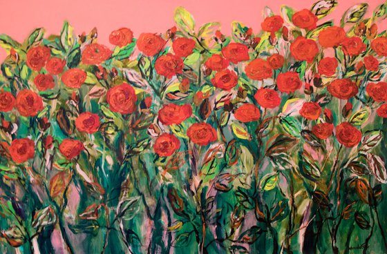 Red Roses Garden , Original abstract painting, Ready to hang by WanidaEm