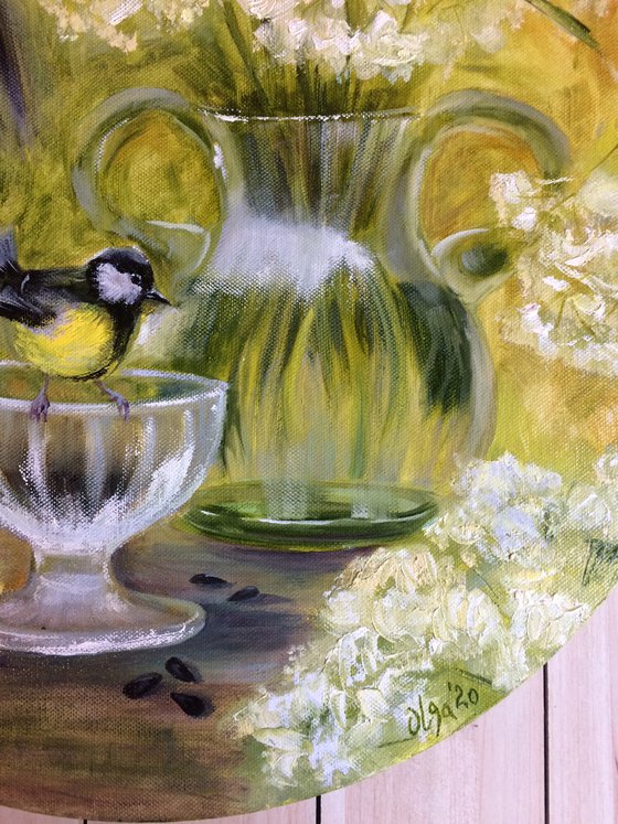 Birds and flowers - Garden guests - Round oil painting