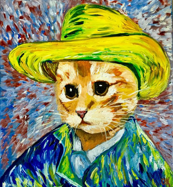 Pensive Cat  La Van Gogh. Version of famous self portrait of Vincent Van Gogh in straw hat