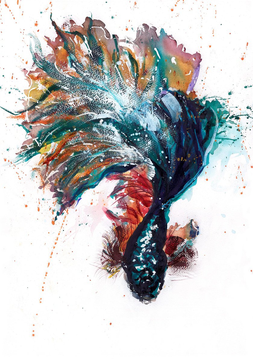 Expressive Animal Watercolour By Natalie Bowden, 14 X 20", Siamese Fighter Vi, Original Artwork