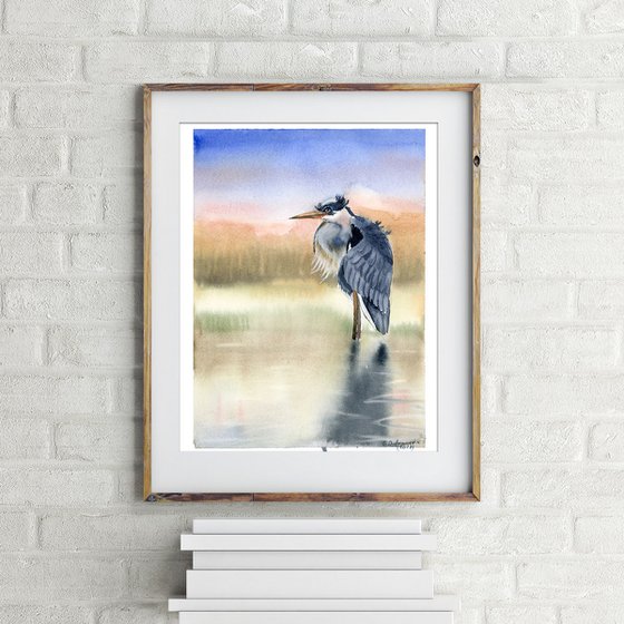 Heron bird with Abstract Landscape  ORIGINAL Painting