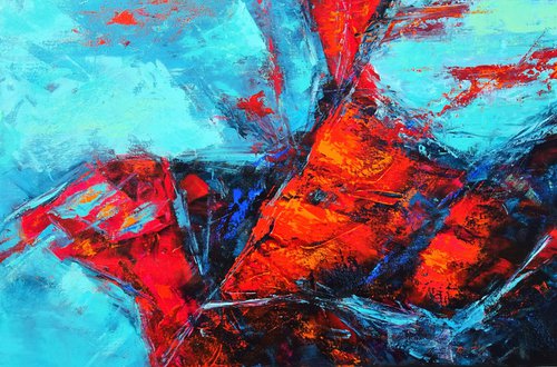 MOMENTS IN TIME III. Teal, Blue, Aqua, Navy, Red Contemporary Abstract Painting with Texture by Sveta Osborne