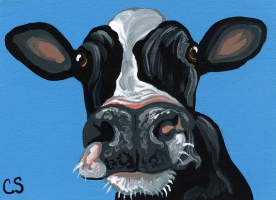 ACEO ATC Original Painting Black White Cow Farmyard Art-Carla Smale