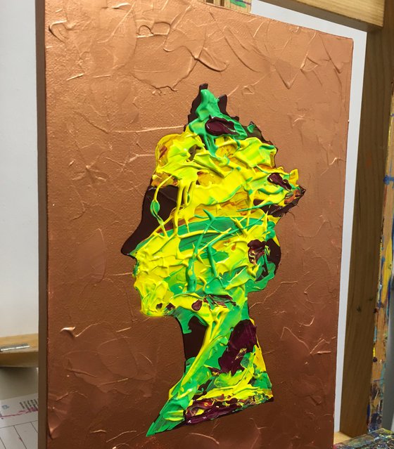 Queen #62 on metallic golden background , Yellow, green, burgundy   Marble pattern inspired by Queen Elizabeth II