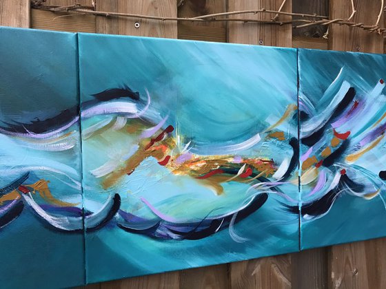 "3 canvas abstract" ,  Abstract Acrylic Painting - 16x48 inches