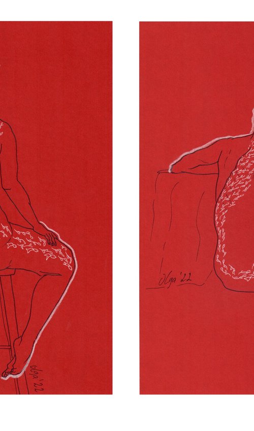 Diptych nude women - Set of 2 red and white sensual female portrait - Erotic mixed media drawings by Olga Ivanova