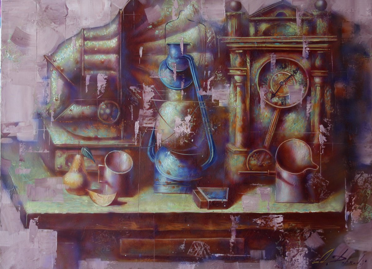 Surrealistic Still Life Oil Painting By Alexandr Dobrodiy, 31 X 24, Clock Motif (2021), Original Artwork