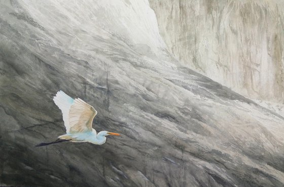 Flying Great Egret - white egret - original watercolor landscape - mountain lake - mountains - canyon