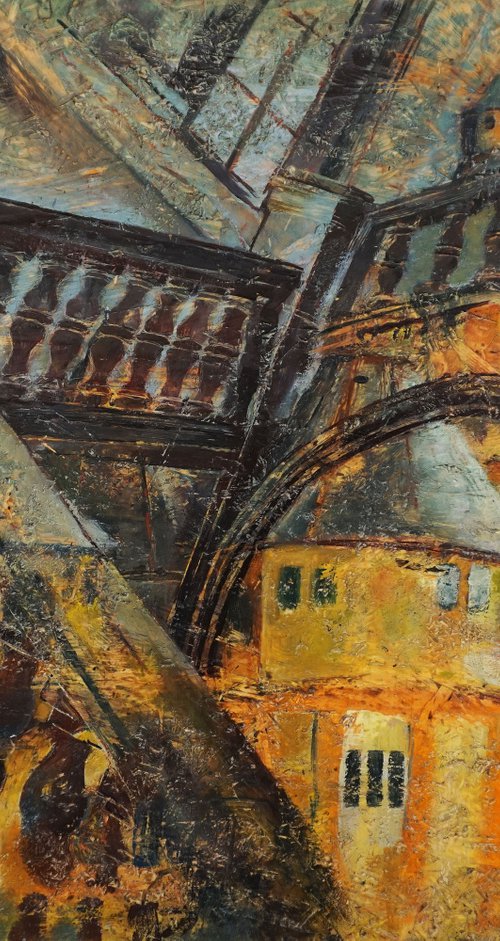 Gas Castle (hot wax on OSB) by Dora Stork