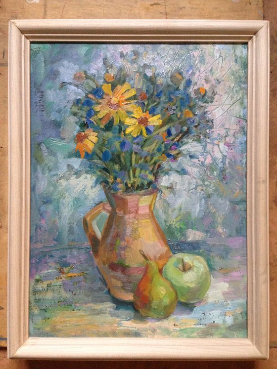 Still life with wild flowers and fruit
