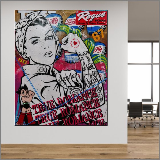 Rosie Romancing 120cm x 150cm Rosie The Riveter Textured Urban Pop Art