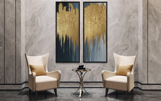Black and White Diptych with textured gold detail Mixed Media Painting Contemporary Wall Art Pink and Gold Art Textured Abstract Painting Modern Decor