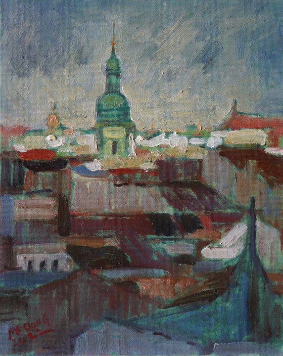 Original Oil Painting Wall Art Signed unframed Hand Made Jixiang Dong Canvas 25cm × 20cm Landscape Small View of Prague from distance Impressionism Impasto