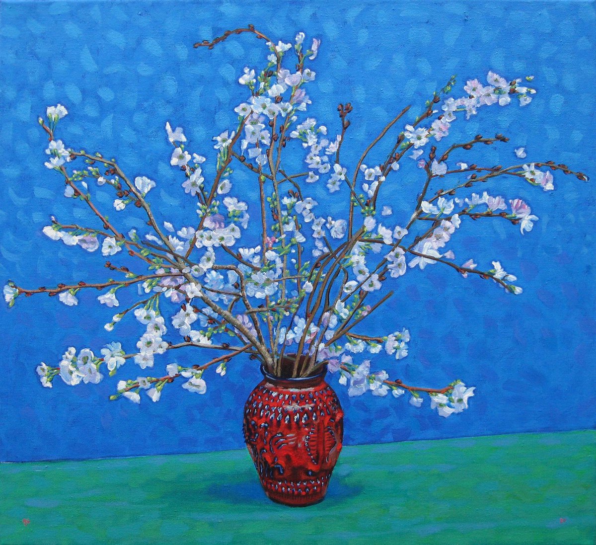 Botanical Oil Painting By Richard Gibson, 22 X 20", Winter Flowering Cherry On A Green Table, Original Artwork