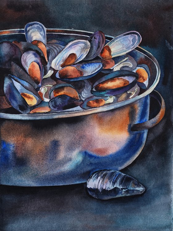 Mussels in a saucepan - original watercolor, darkness light, seafood kitchen