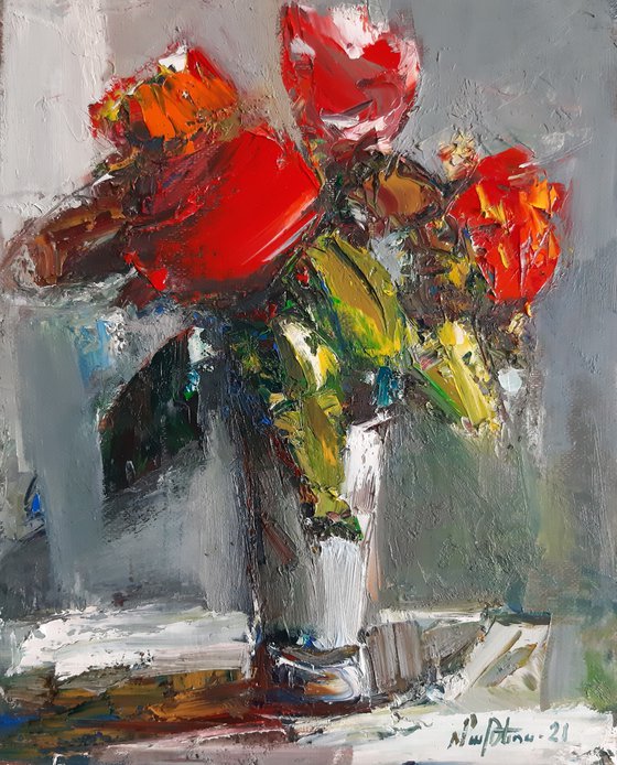 Red poppies (30x24cm, oil painting, palette knife)