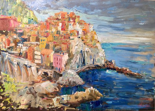 Manarola Cinque Terre 2021 , oil painting already framed by Altin Furxhi