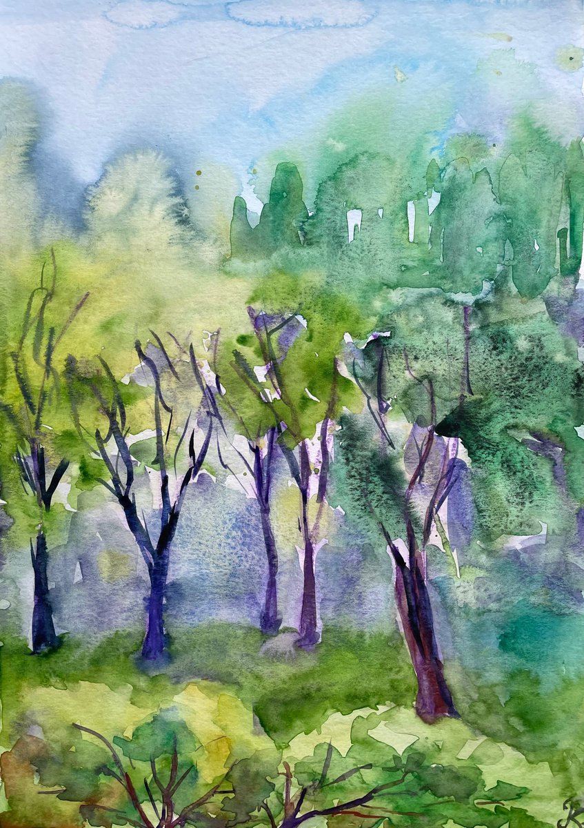 Tree Watercolor Painting Original, Green Forest Artwork, Bright Wall Art, Art Lover Gift by Kate Grishakova
