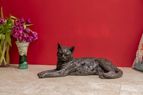 Lying Cat in Bronze Resin