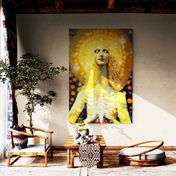 Inner Light. 180 x 120 cm. Magical radiance of the soul. Futuristic fantasy fabulous esoteric surreal mystery harmonious artwork. Yoga meditation relaxation pray aura grace Large format wall art on canvas. Original golden yellow huge digital painting for home decor