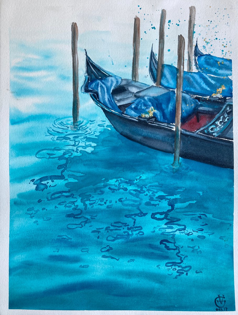 Impressionistic Landscape Watercolour By Valeria Golovenkina, 12 X 16", Teal Gondola 1, Original Artwork