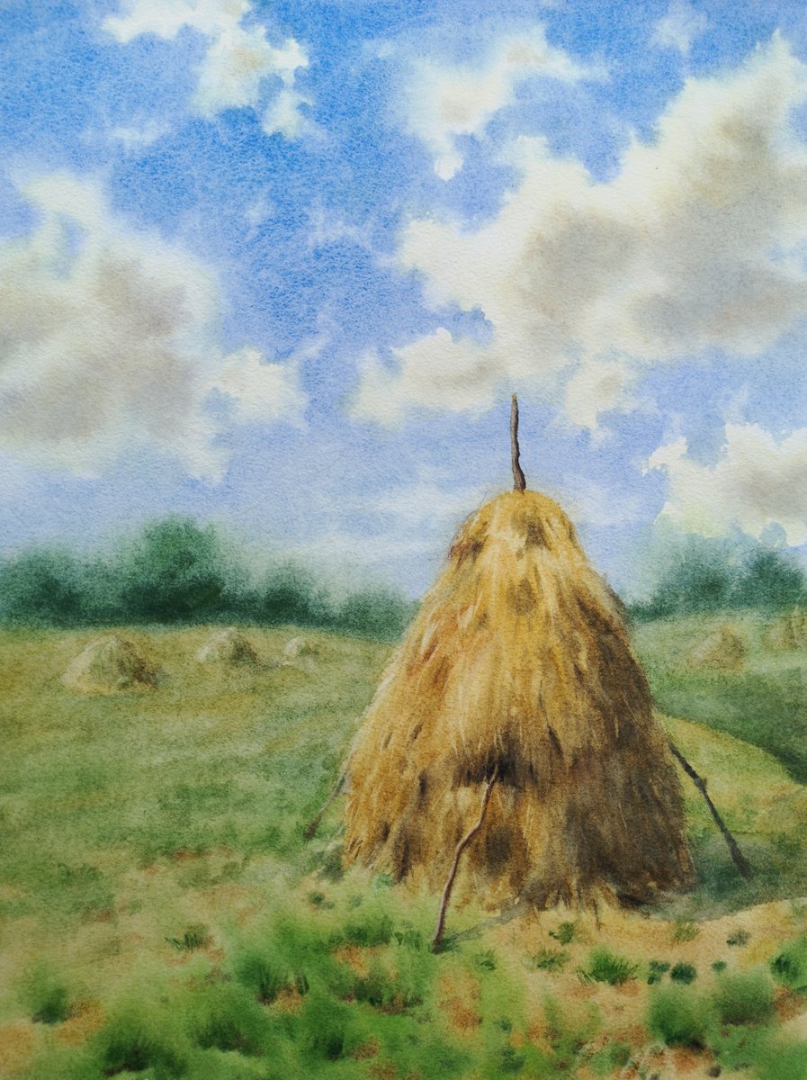 Rural Scenery - Haystack - Hay Fields - Countryside - Summer landscape - Farm scene - st... by Olga Beliaeva Watercolour