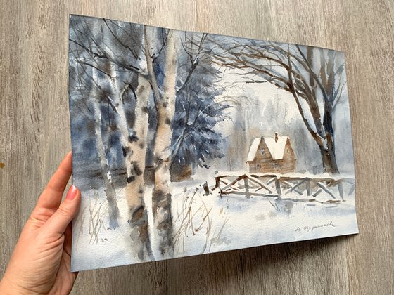 Cottage in the winter forest. Watercolour by Marina Trushnikova. Winterscape, snow landscape, A3 watercolor