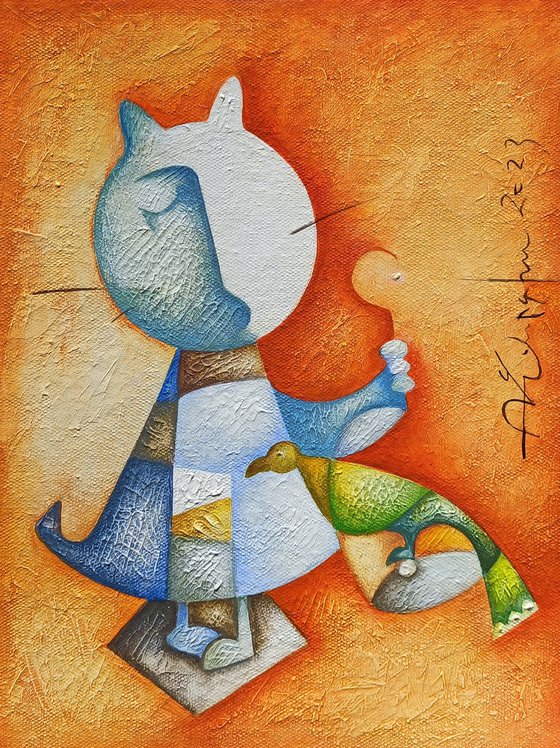 Cat and bird(35x25cm, acrylic/canvas, ready to hang)