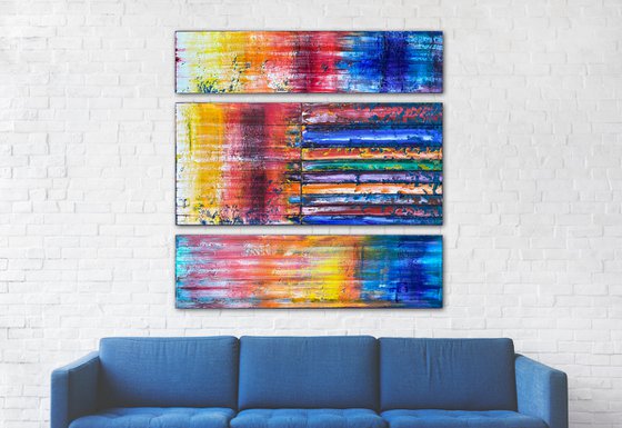 "Color Sandwich" - Original PMS Large Oil Painting Triptych on Recycled Wooden Panels - 48 x 46 inches