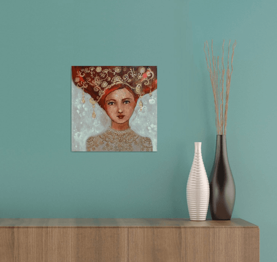 Blanche, pensive. Painting on wood: Redheaded woman in an icon style