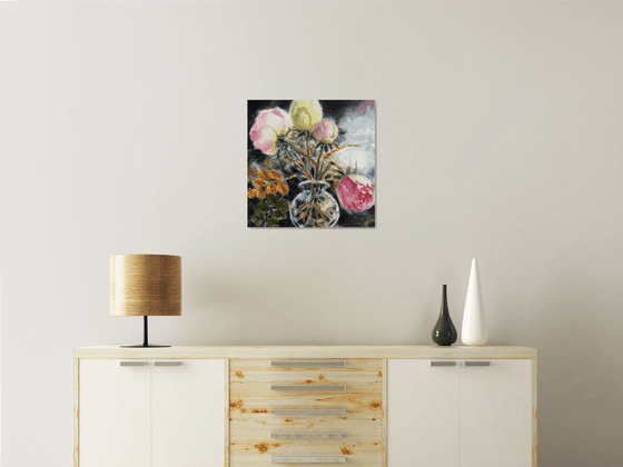Roses in a glass vase - floral still life painting Special decor home decoration ideal gift affordable art interior design wall art office room house