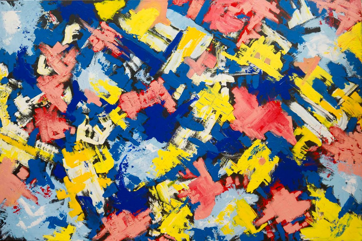 Abstract Acrylic Painting By Km Arts, 47 X 31", Fragmented Spectrum, Original Artwork