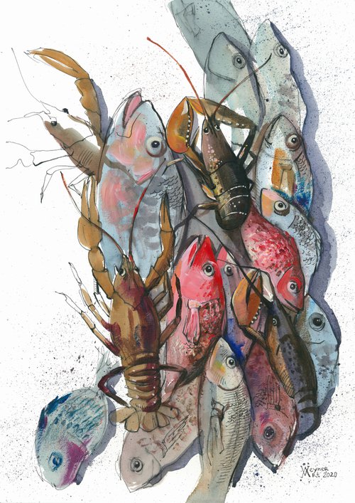 Fish and crayfish. Fish drawing by Natalia Veyner