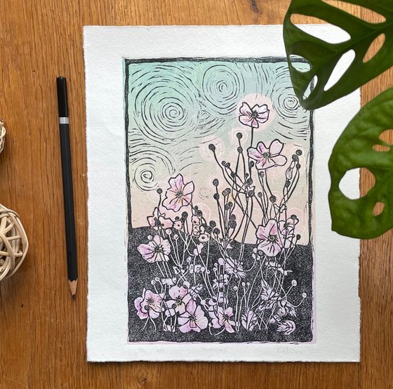 Anemones - Flower Contemporary Linocut Print