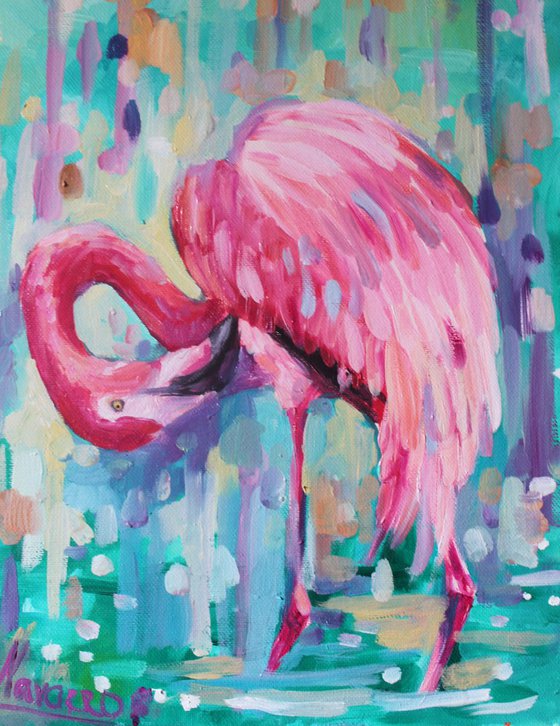 Wall decor , flamingo art "All in Pink"