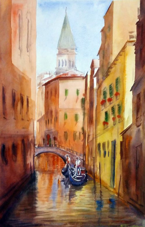 Morning Venice Canals II - Watercolor Painting by Samiran Sarkar