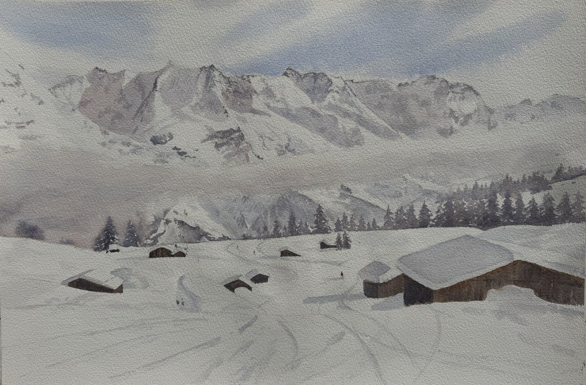Impressionistic Landscape Watercolour By Shelly Du, 22 X 15", Jungfrau Skiing, Original Artwork