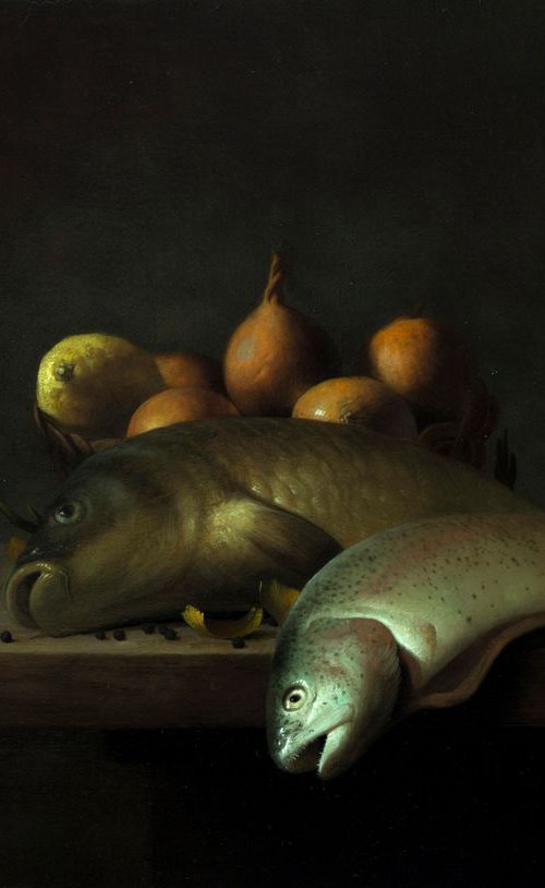 A wild rainbow trout, 41 x 61 cm, oil on canvas, original classic still life by Davit Davtyan