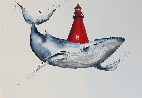 Whale and Red Lighthouse by Evgenia Smirnova