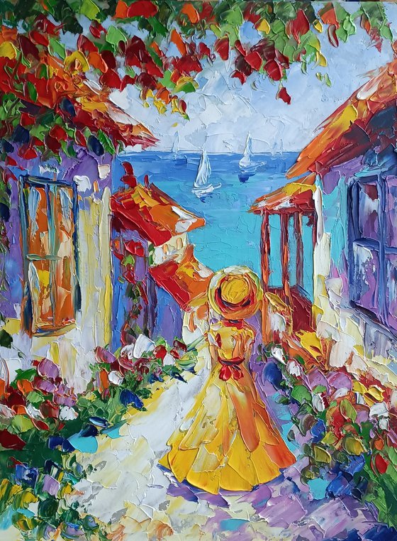 Trip - landscape, road, oil painting, love, woman, outdoors, street, sail, boat, sea, Greece, flowers, sea and beach, sea and sky, girl, seascape